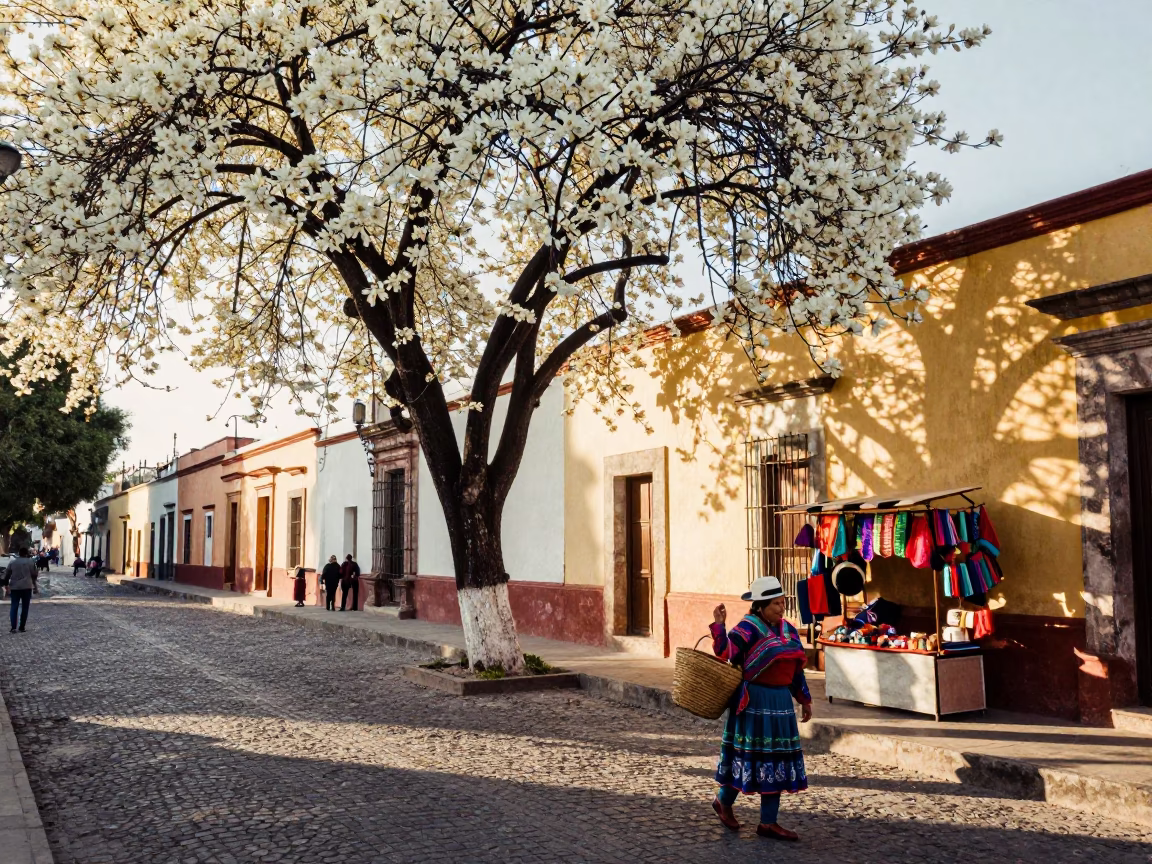Oaxaca Mexico Late Morning Street Scene with White Blossom Tree and Local Market Activity in in Oaxaca, Mexico