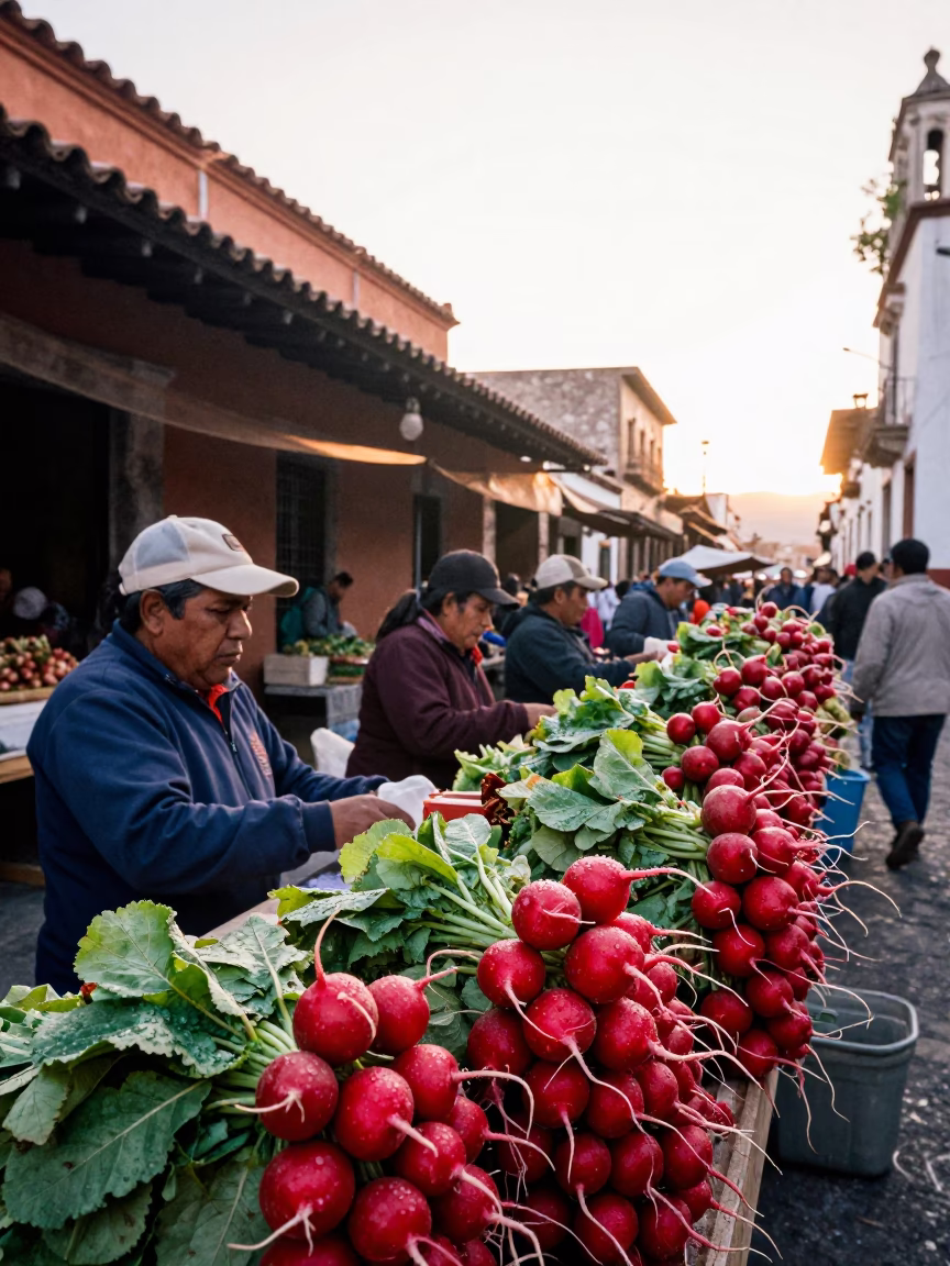 Oaxaca Mexico Market Stall Radishes Sunrise Street Scene in in Oaxaca, Mexico