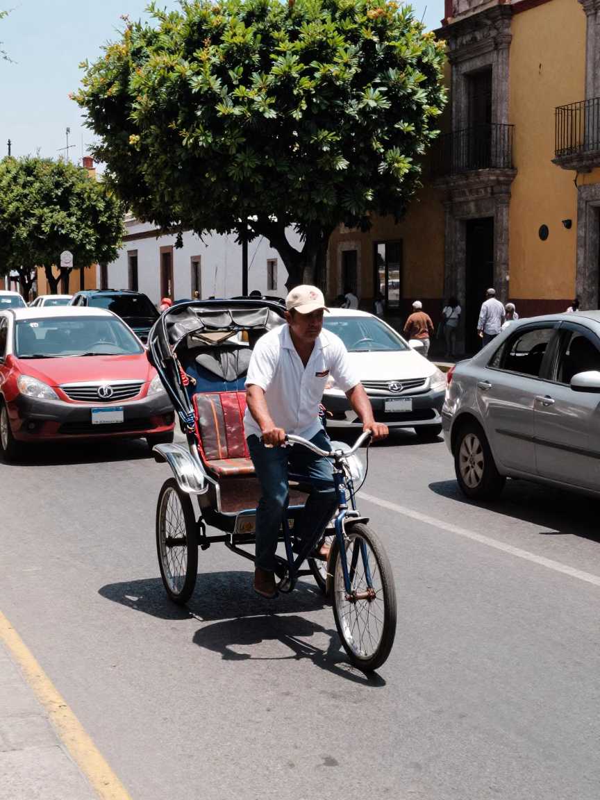 Oaxaca Mexico midday street scene with rickshaw driver in traffic and local architecture in in Oaxaca, Mexico