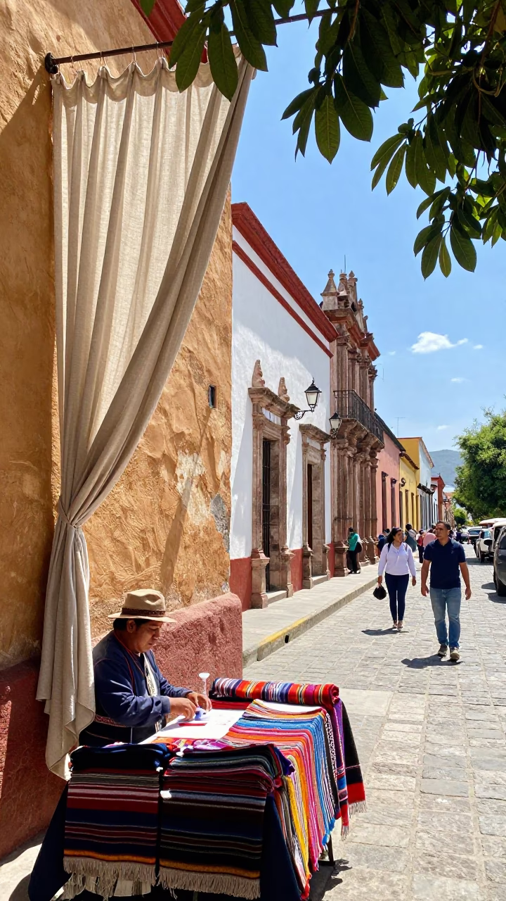 Oaxaca Mexico Midmorning Street Scene with Linen Curtains and Leaf Shadows in in Oaxaca, Mexico