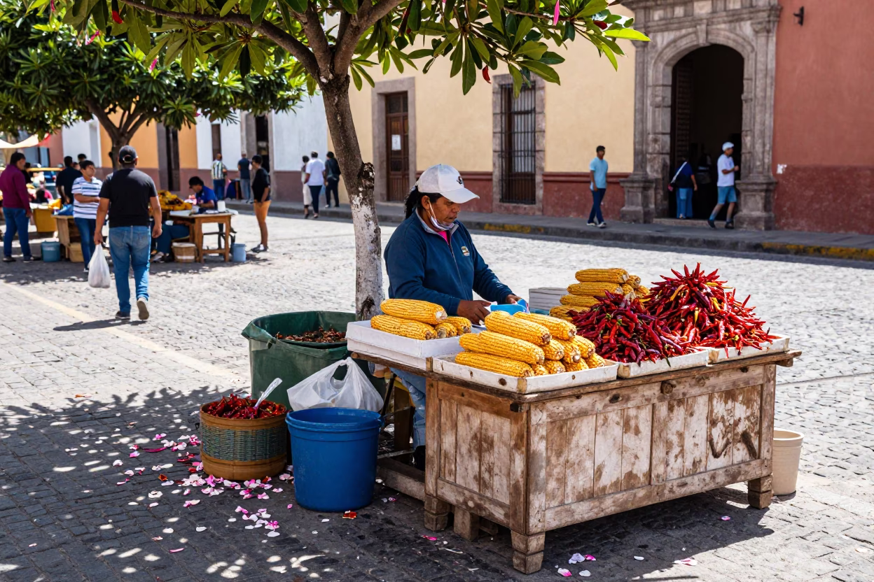 Oaxaca Mexico Midmorning Street Scene with Plumeria Petals and Local Market Activity in in Oaxaca, Mexico