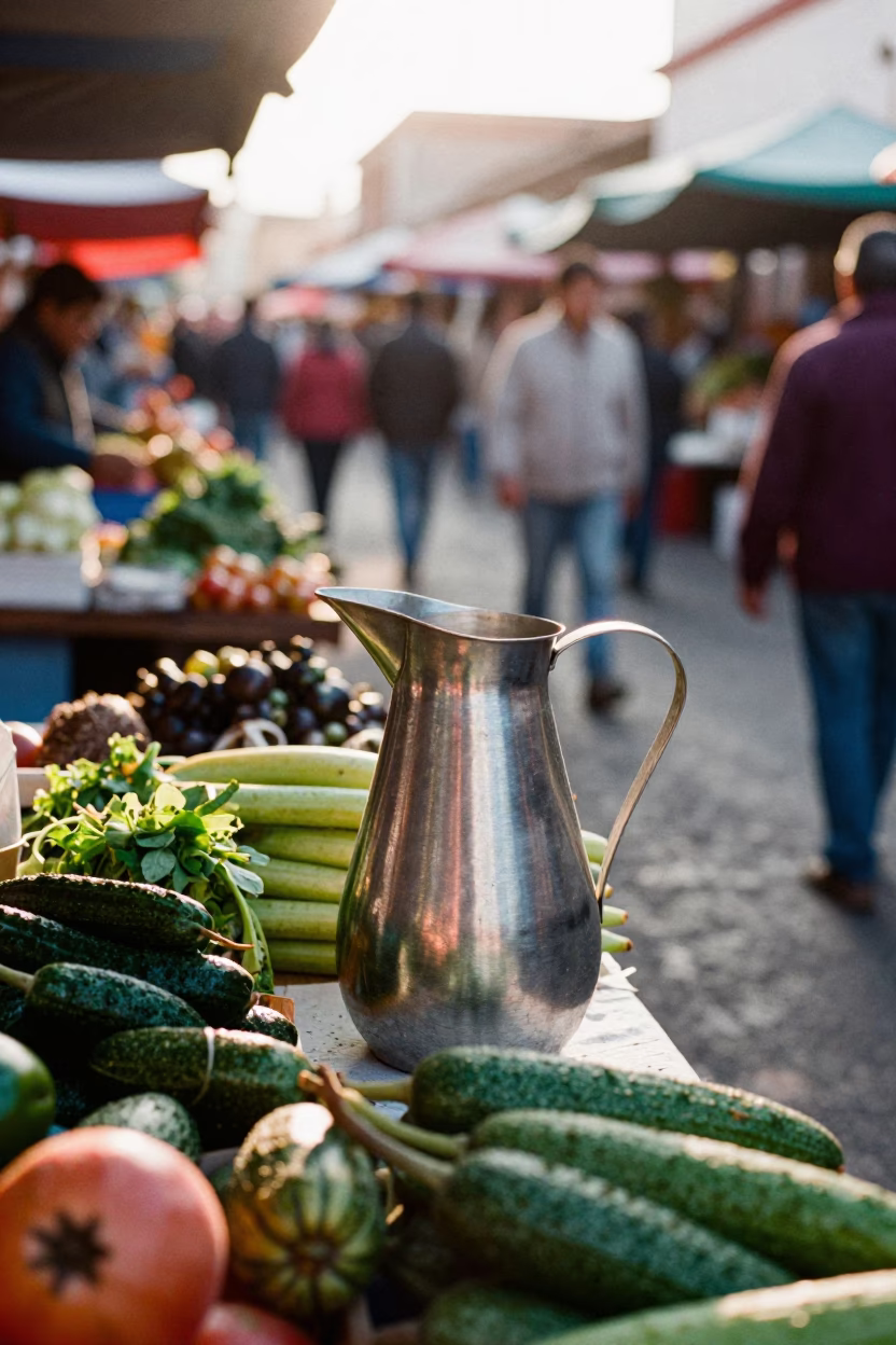 Oaxaca Mexico Morning Market Scene with Brushed Steel Pitcher and Pears in in Oaxaca, Mexico