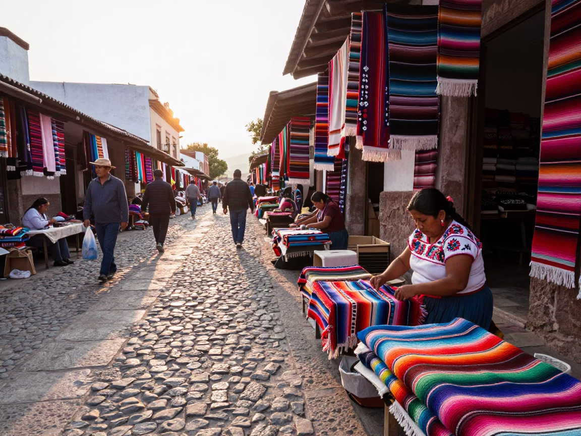 Oaxaca Mexico Morning Market Street Scene with Traditional Textiles and Local Commerce in in Oaxaca, Mexico