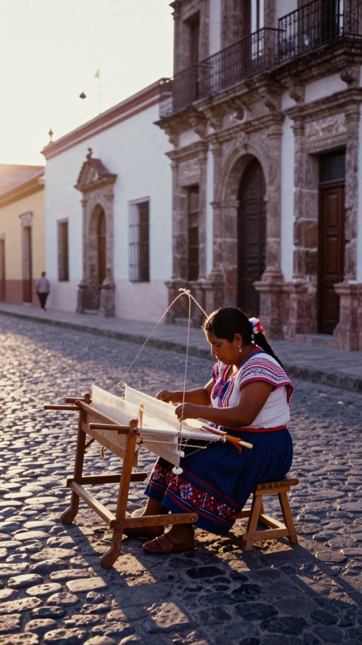 Oaxaca Mexico Morning Street Scene with Loom Shuttle and Traditional Textiles in in Oaxaca, Mexico