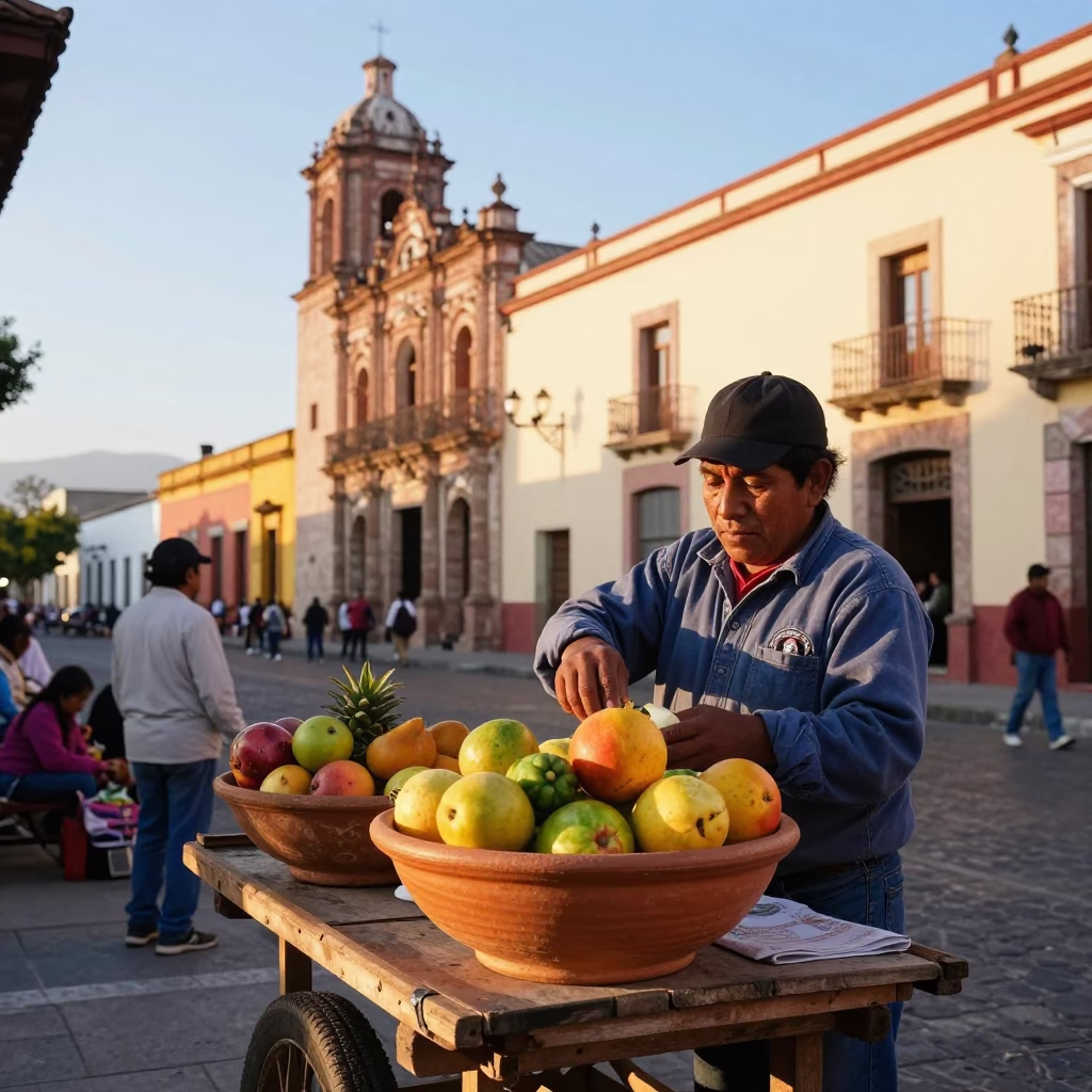 Oaxaca Mexico Morning Street Scene with Terracotta Bowl and Local Market Activity in in Oaxaca, Mexico