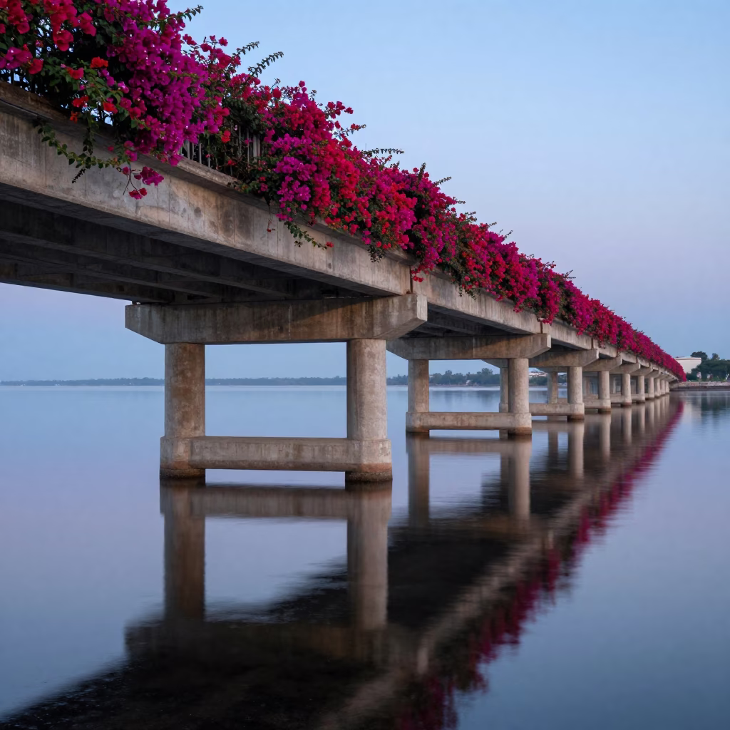 Oaxaca Mexico Nautical Dawn Bridge Pier Reflection and Flowering Bougainvillea Street Scene in in Oaxaca, Mexico