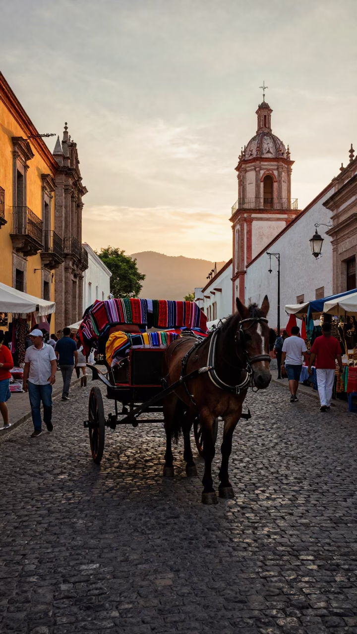 Oaxaca Mexico Nautical Dawn Cobblestone Street Horse Cart Market Scene in in Oaxaca, Mexico
