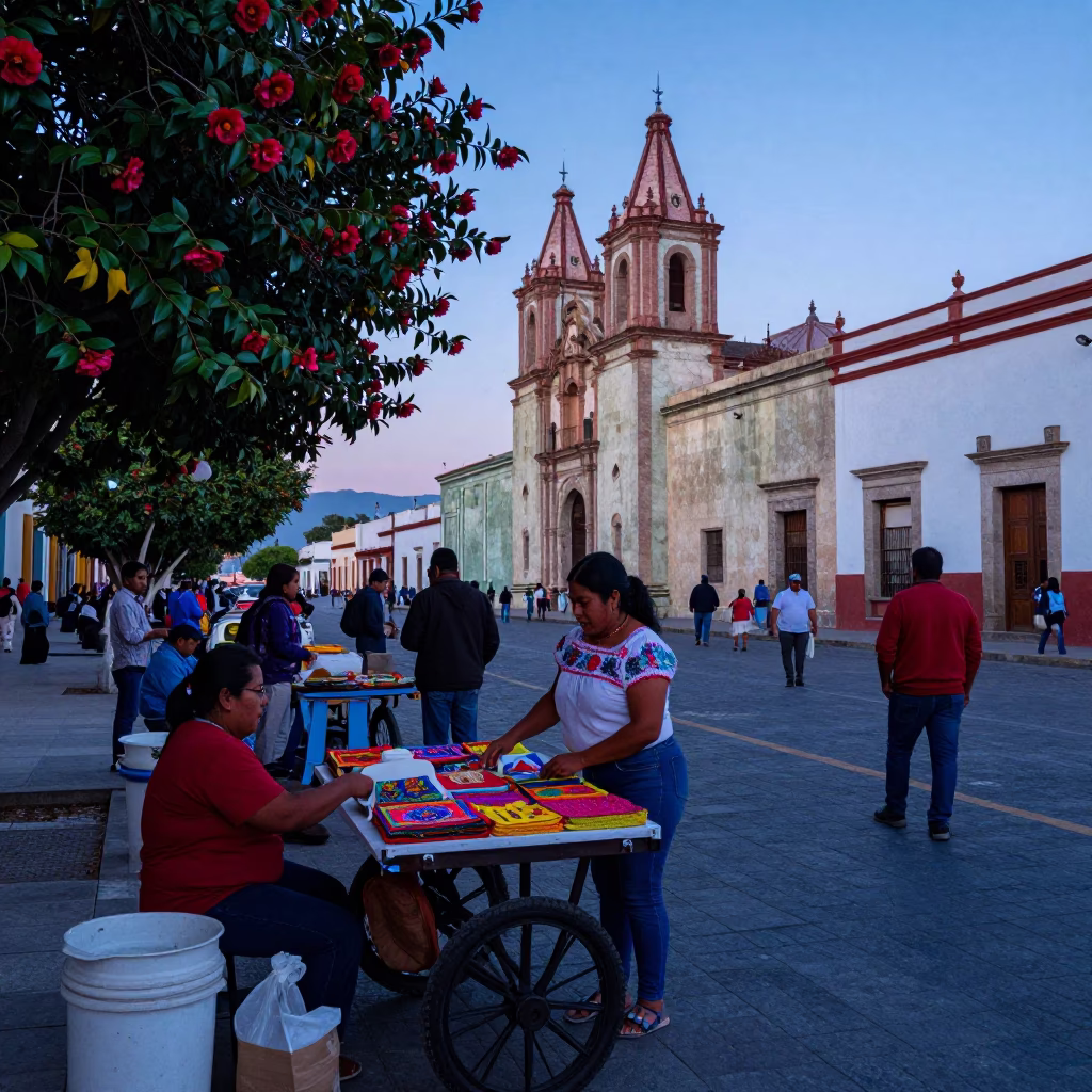 Oaxaca Mexico Nautical Dawn Street Market Activity with Red Camellia Blooms in in Oaxaca, Mexico