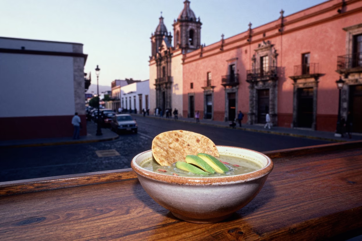 Oaxaca Mexico Nautical Dawn Street Scene with Bowl of Tortilla Soup in in Oaxaca, Mexico
