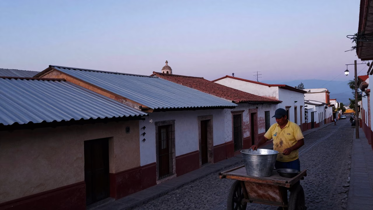 Oaxaca Mexico Nautical Dawn Street Scene with Brushed Steel Bucket in in Oaxaca, Mexico