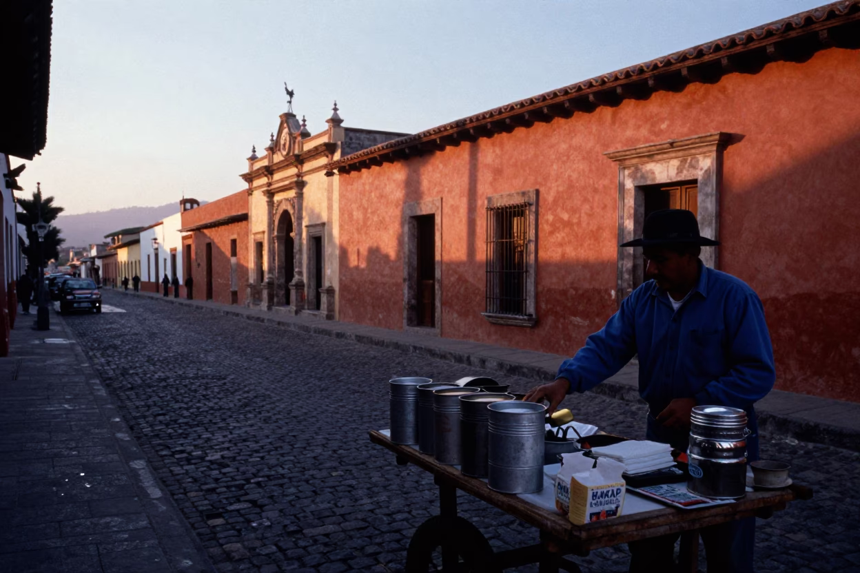 Oaxaca Mexico Nautical Dawn Street Scene with Coffee Tin and Awl in in Oaxaca, Mexico