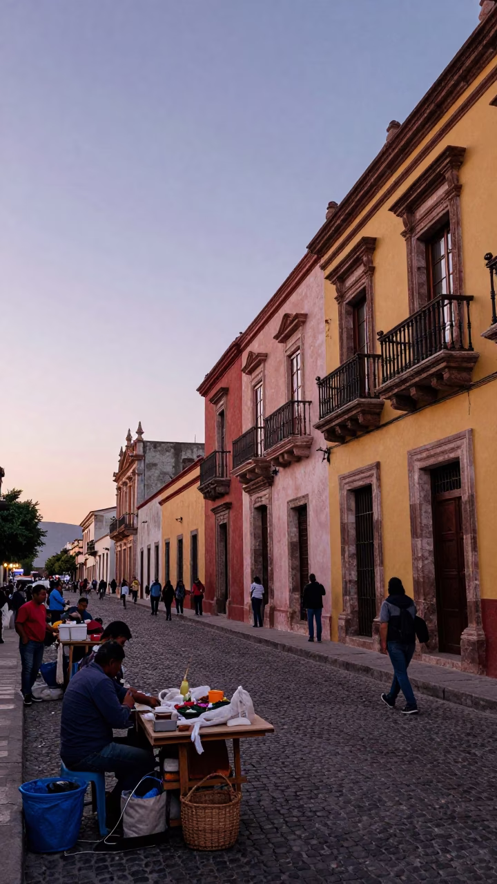 Oaxaca Mexico Nautical Dawn Street Scene with Local Market Activity in in Oaxaca, Mexico