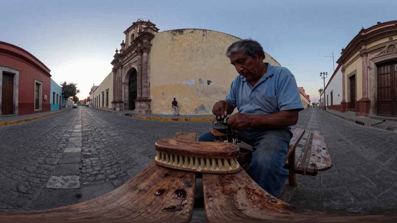 Oaxaca Mexico Nautical Dawn Street Scene with Shoe Brush and Grease Sheen in in Oaxaca, Mexico
