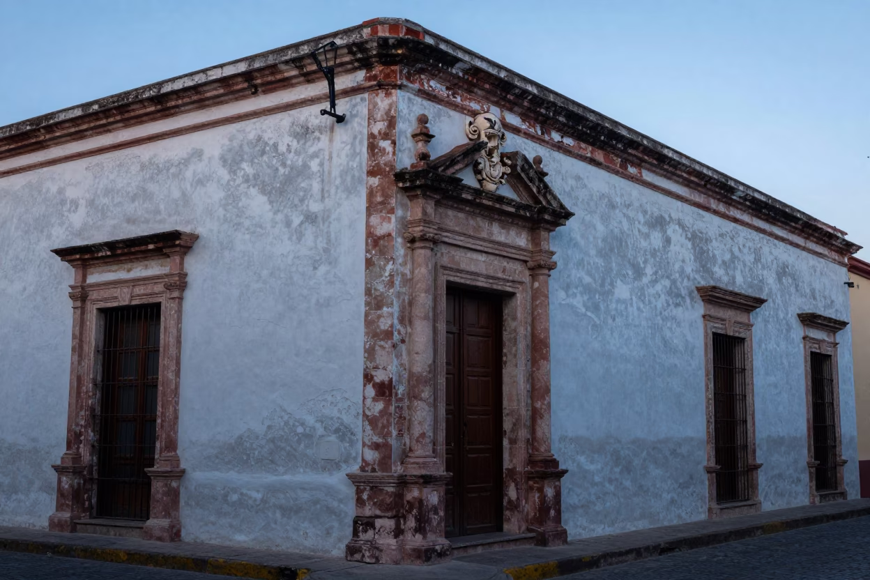 Oaxaca Mexico Nautical Dawn Street Scene with Weathered Plaster Walls and Rust Stains in in Oaxaca, Mexico