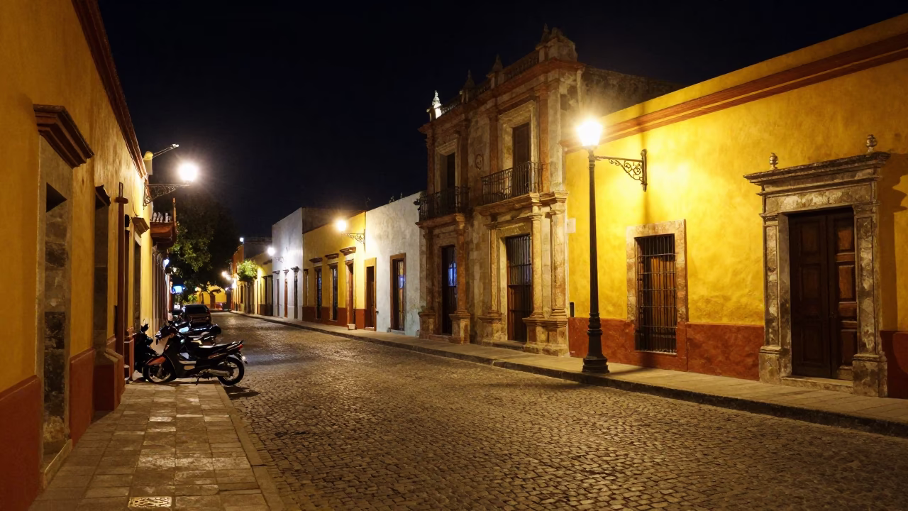 Oaxaca Mexico Night Street Scene with Colorful Architecture and Local Life in in Oaxaca, Mexico