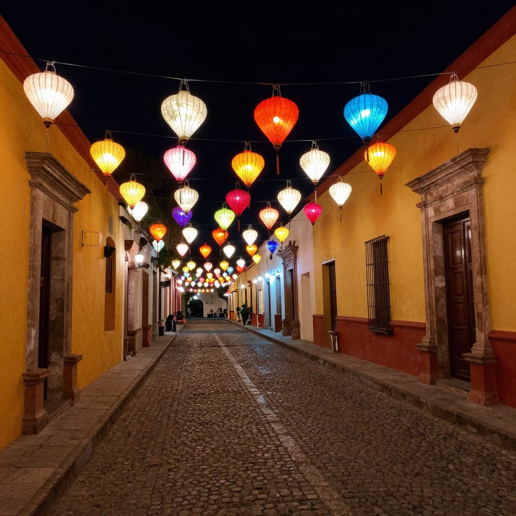 Oaxaca Mexico Night Street Scene With Colorful Lanterns And Local Life in in Oaxaca, Mexico