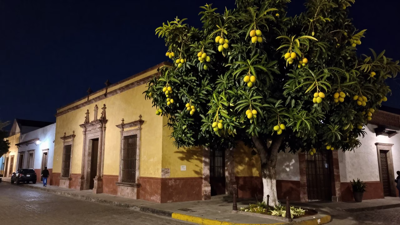 Oaxaca Mexico Night Street Scene with Mango Tree and Classic Bus in in Oaxaca, Mexico
