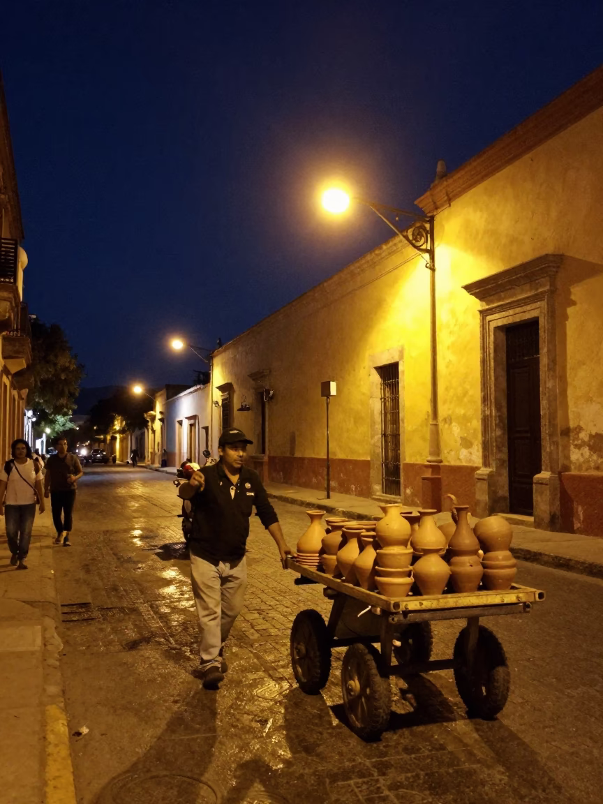Oaxaca Mexico Night Street Scene with Rolling Carts and Local Market Activity in in Oaxaca, Mexico