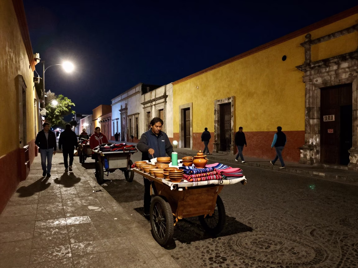 Oaxaca Mexico Night Street Scene with Rolling Vendor Carts and Colorful Lanterns in in Oaxaca, Mexico