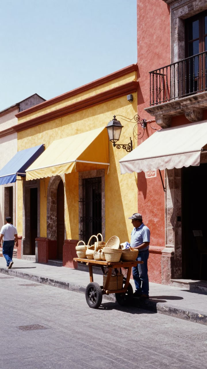 Oaxaca Mexico noon light street scene with colorful awnings and pedestrians in in Oaxaca, Mexico