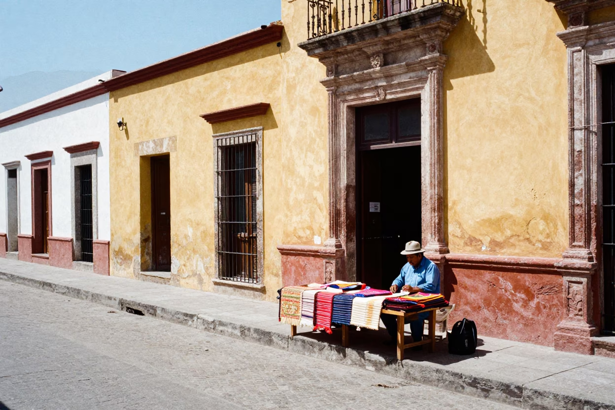 Oaxaca Mexico noon light street scene with woven mats and gate handle in in Oaxaca, Mexico