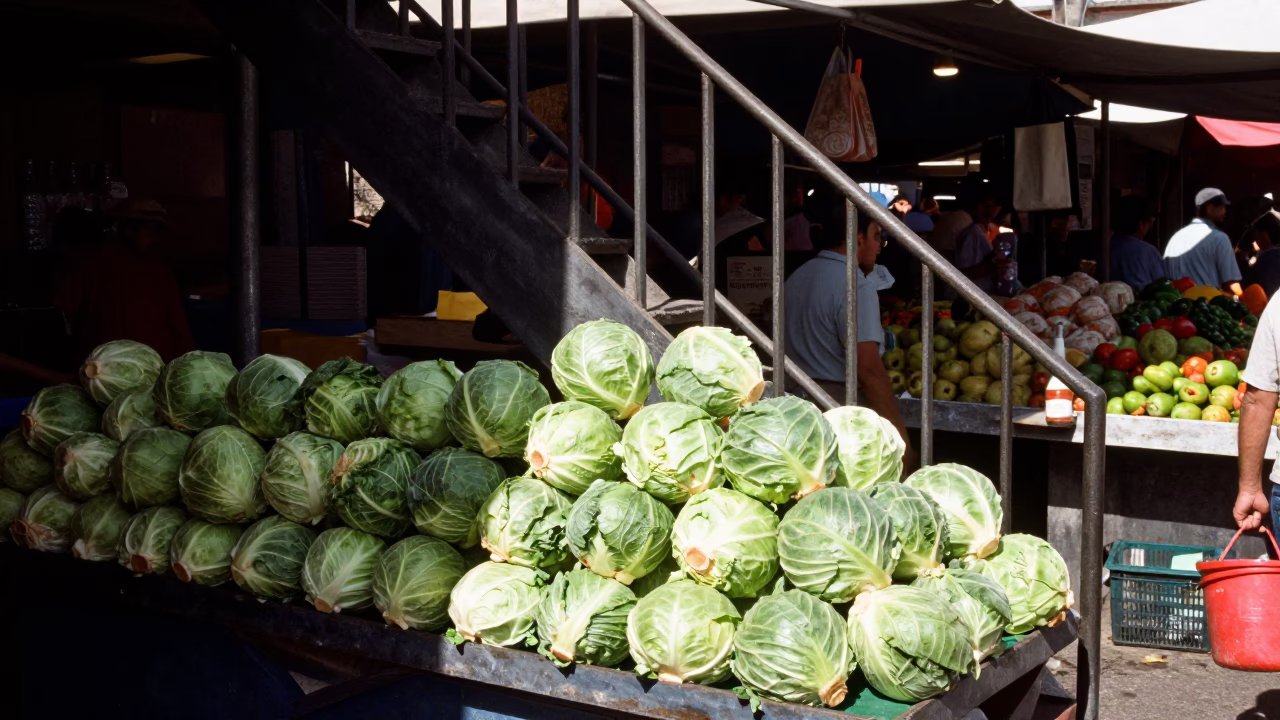 Oaxaca Mexico noon light vibrant market stall with stair rail and fresh cabbages in in Oaxaca, Mexico