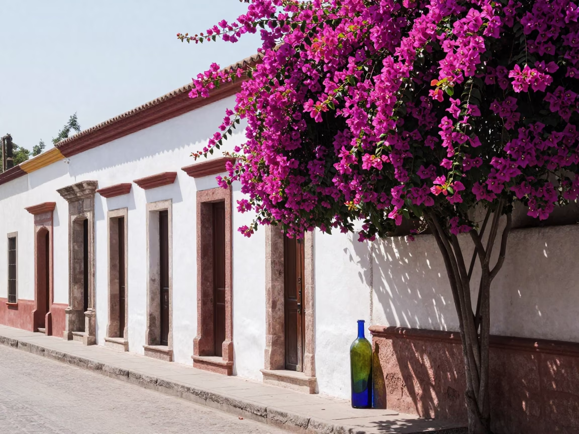 Oaxaca Mexico Noon Street Scene Bougainvillea and Colored Glass Bottle in in Oaxaca, Mexico