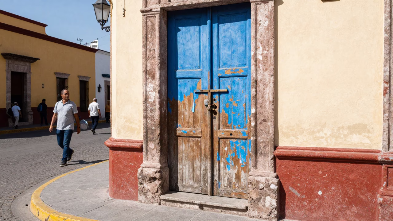 Oaxaca Mexico Noon Street Scene with Door Latch and Sunlight in in Oaxaca, Mexico