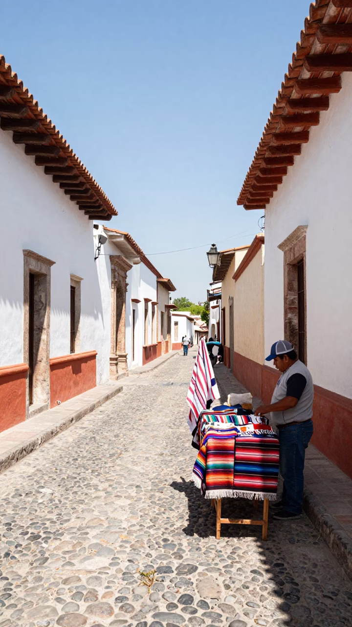 Oaxaca Mexico Noon Street Scene with Striped Towel and Local Market Activity in in Oaxaca, Mexico