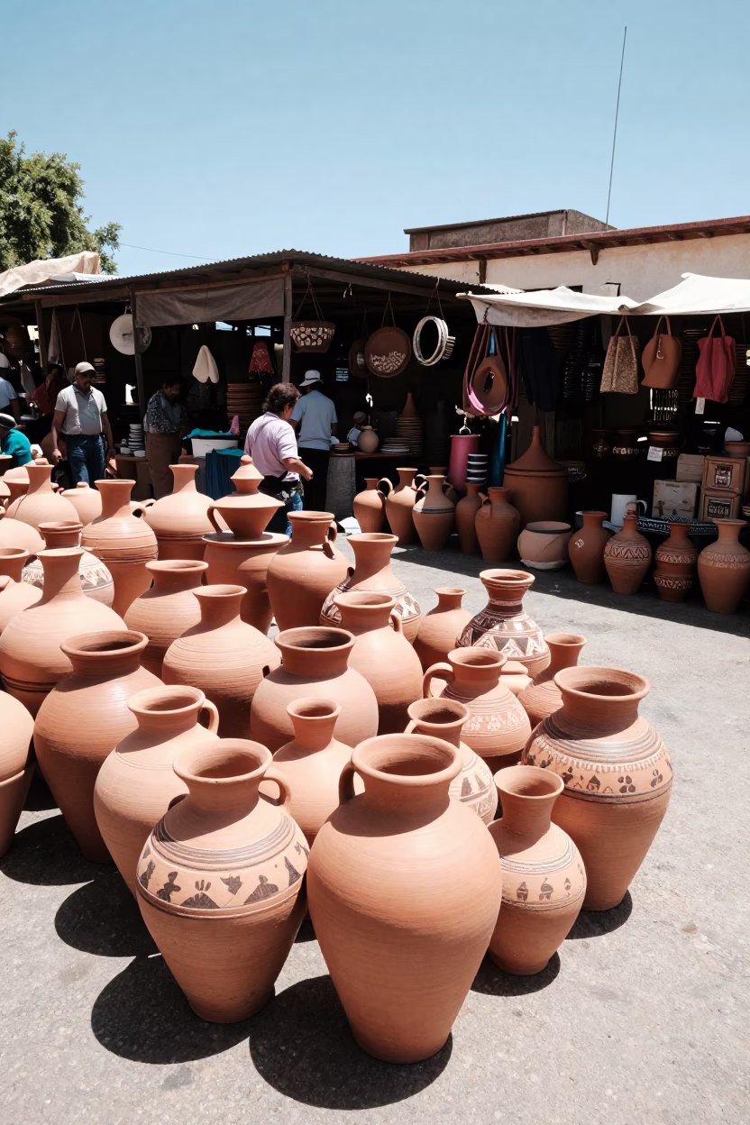 Oaxaca Mexico Noon Sunlight on Traditional Clay Pottery Market Stalls in in Oaxaca, Mexico