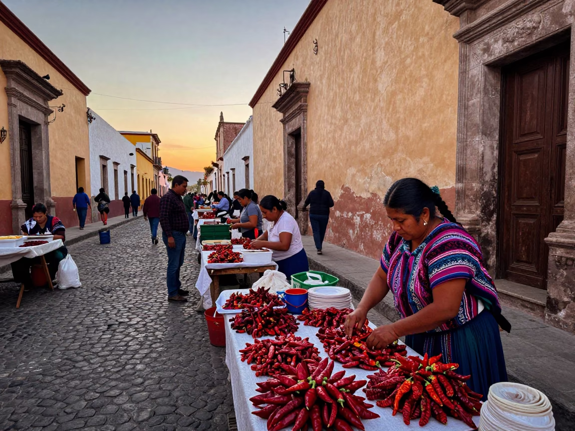 Oaxaca Mexico Pre-Dawn Market Scene with Vintage 1970s Aesthetic and Local Vendors in in Oaxaca, Mexico