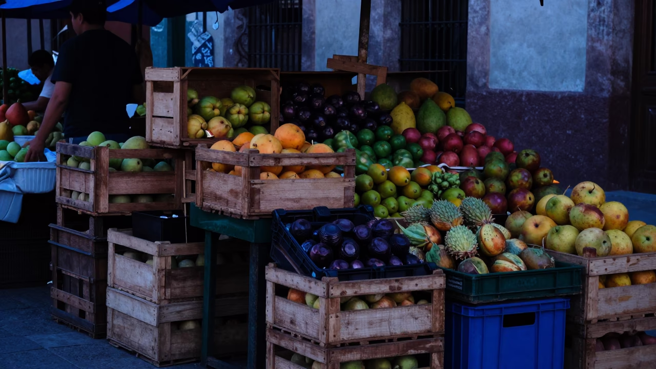 Oaxaca Mexico Pre-Dawn Market Stall Fruit Crates and Local Commerce in in Oaxaca, Mexico