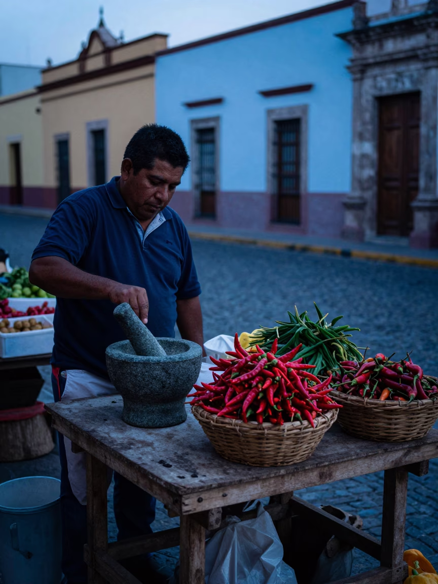Oaxaca Mexico Pre-Dawn Street Market Scene with Mortar and Pestle and Hydrangeas in in Oaxaca, Mexico
