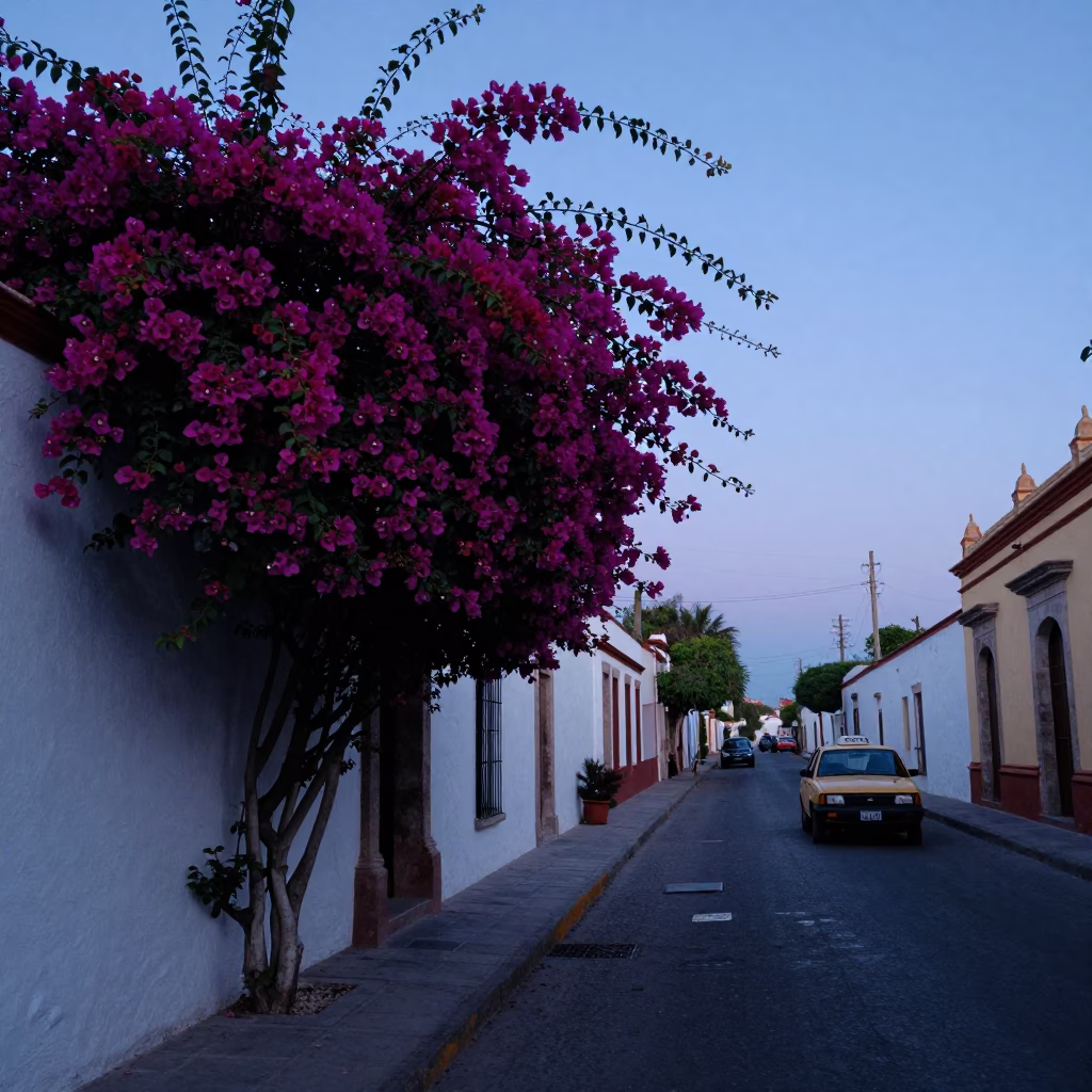 Oaxaca Mexico Pre-Dawn Street Scene With Bougainvillea And Taxi Rank in in Oaxaca, Mexico