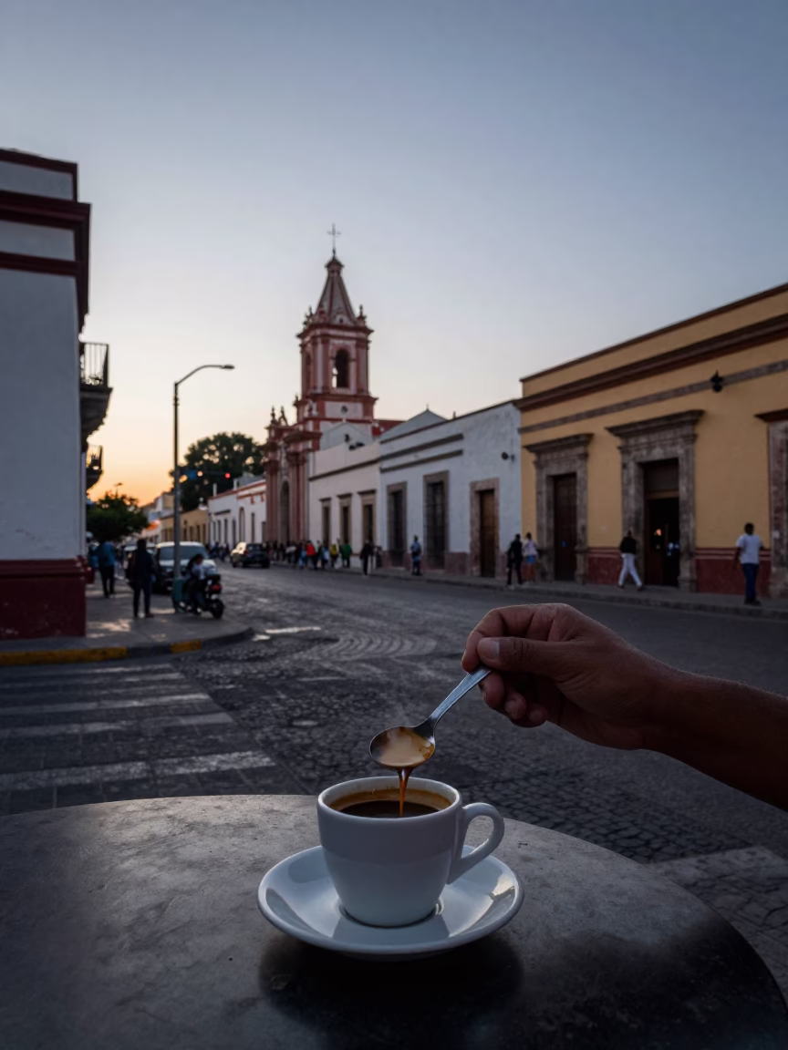 Oaxaca Mexico Pre-Dawn Street Scene with Coffee Cupper and Local Market Elements in in Oaxaca, Mexico