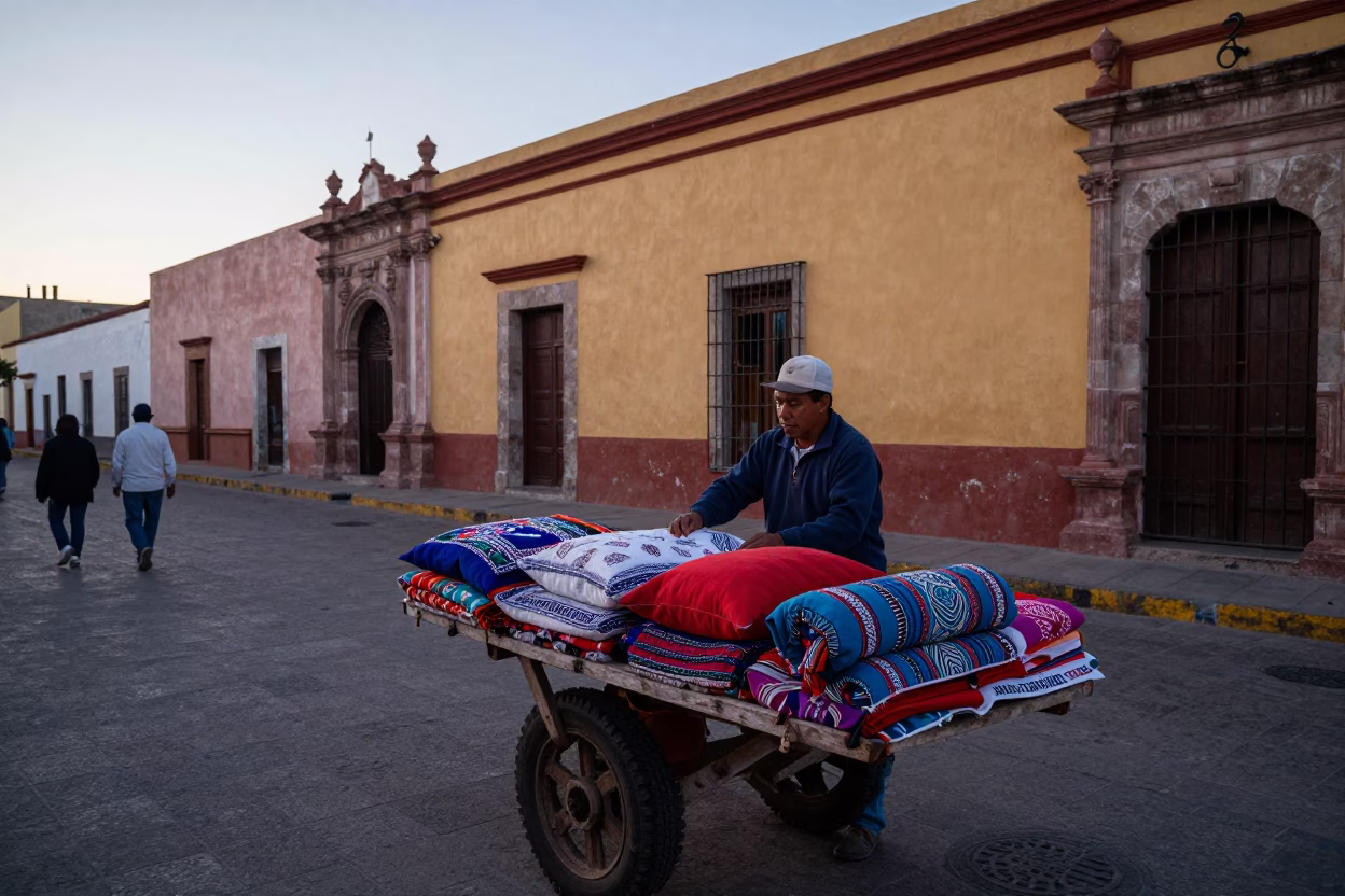 Oaxaca Mexico Pre-Dawn Street Scene with Market Vendor and Textile Goods in in Oaxaca, Mexico