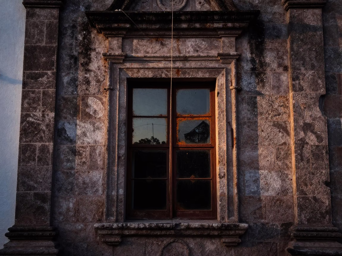 Oaxaca Mexico Pre-Dawn Street Scene with Rusty Window and Twine on Tile in in Oaxaca, Mexico