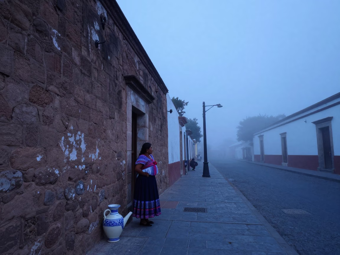 Oaxaca Mexico Pre-Dawn Street Scene With Watering Jug And Ceramic Bowl in in Oaxaca, Mexico