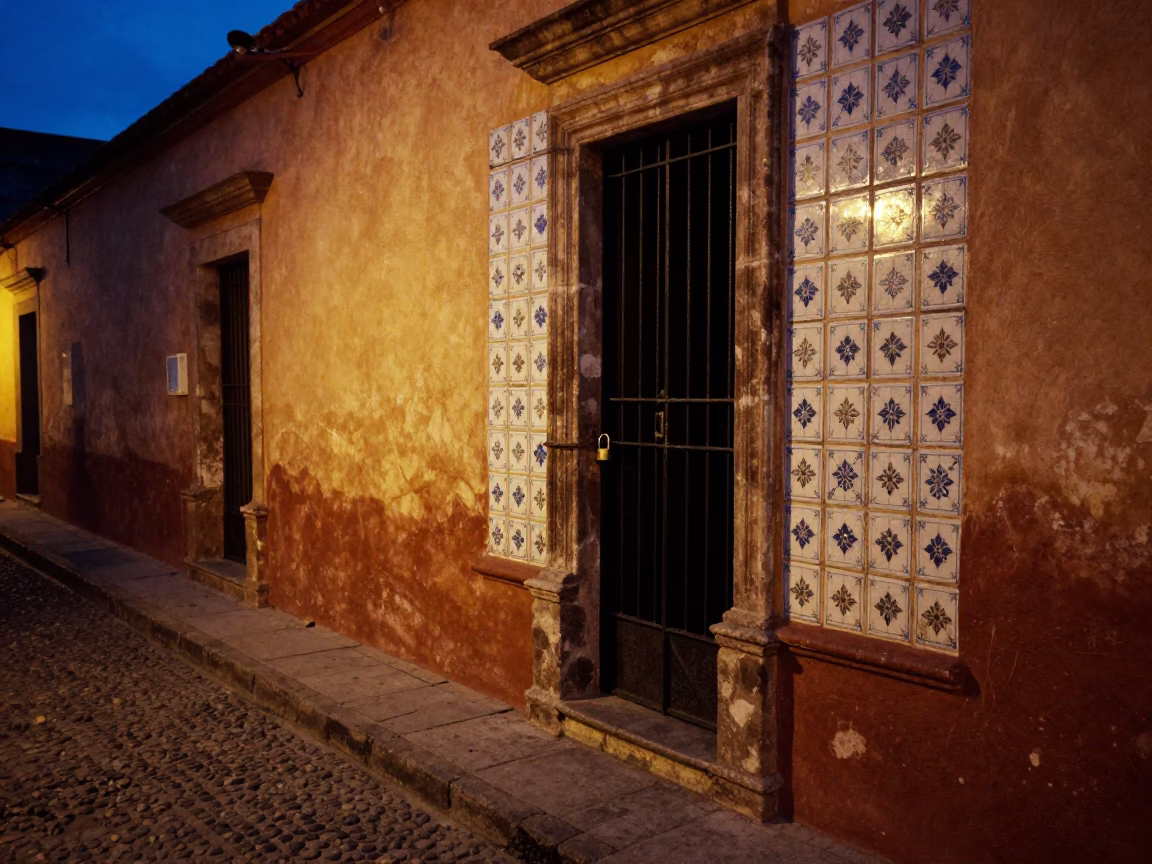 Oaxaca Mexico predawn street scene with padlock and tile window light in in Oaxaca, Mexico