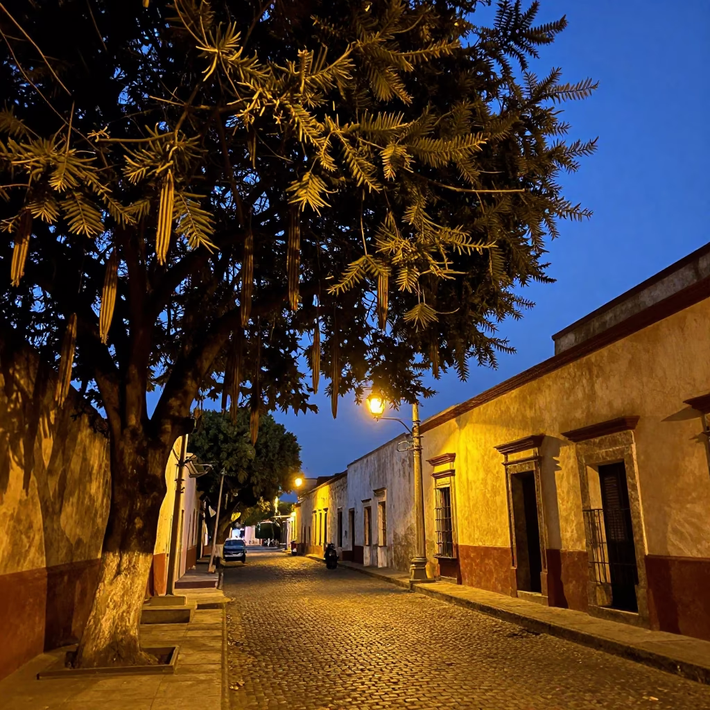 Oaxaca Mexico Predawn Street Scene With Tamarind Tree And Local Morning Activity in in Oaxaca, Mexico