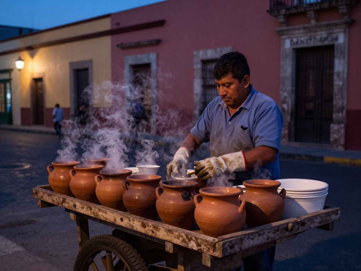 Oaxaca Mexico predawn street scene with vendor preparing traditional breakfast in in Oaxaca, Mexico