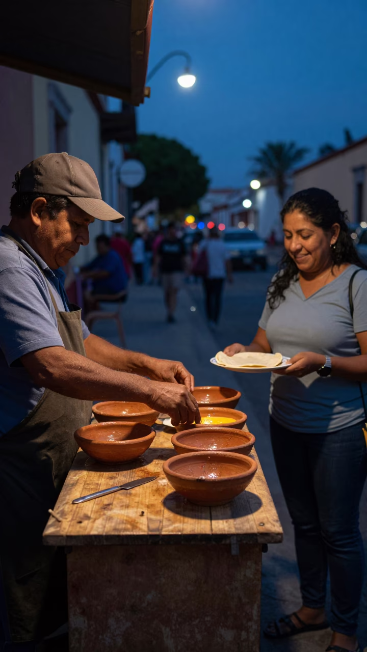 Oaxaca Mexico predawn street vendor preparing breakfast with clay bowls and wooden boards in in Oaxaca, Mexico