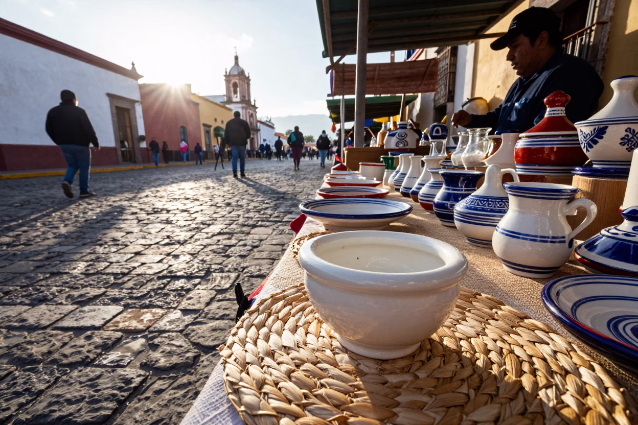 Oaxaca Mexico Street Market Morning Light Ceramic Salt Cellar and Wooden Saucepan in in Oaxaca, Mexico