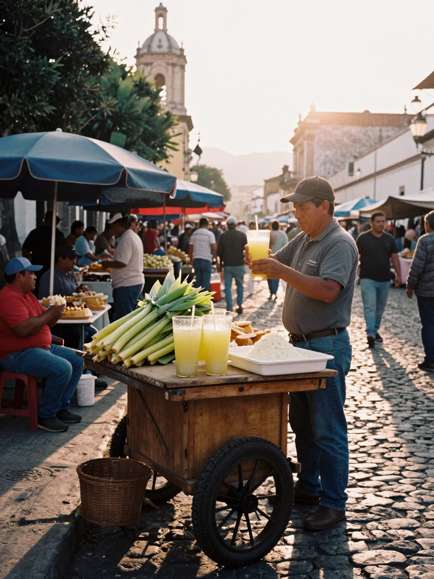 Oaxaca Mexico Street Market Sunrise Fresh Sugarcane Juice Elote Cotija Cheese in in Oaxaca, Mexico