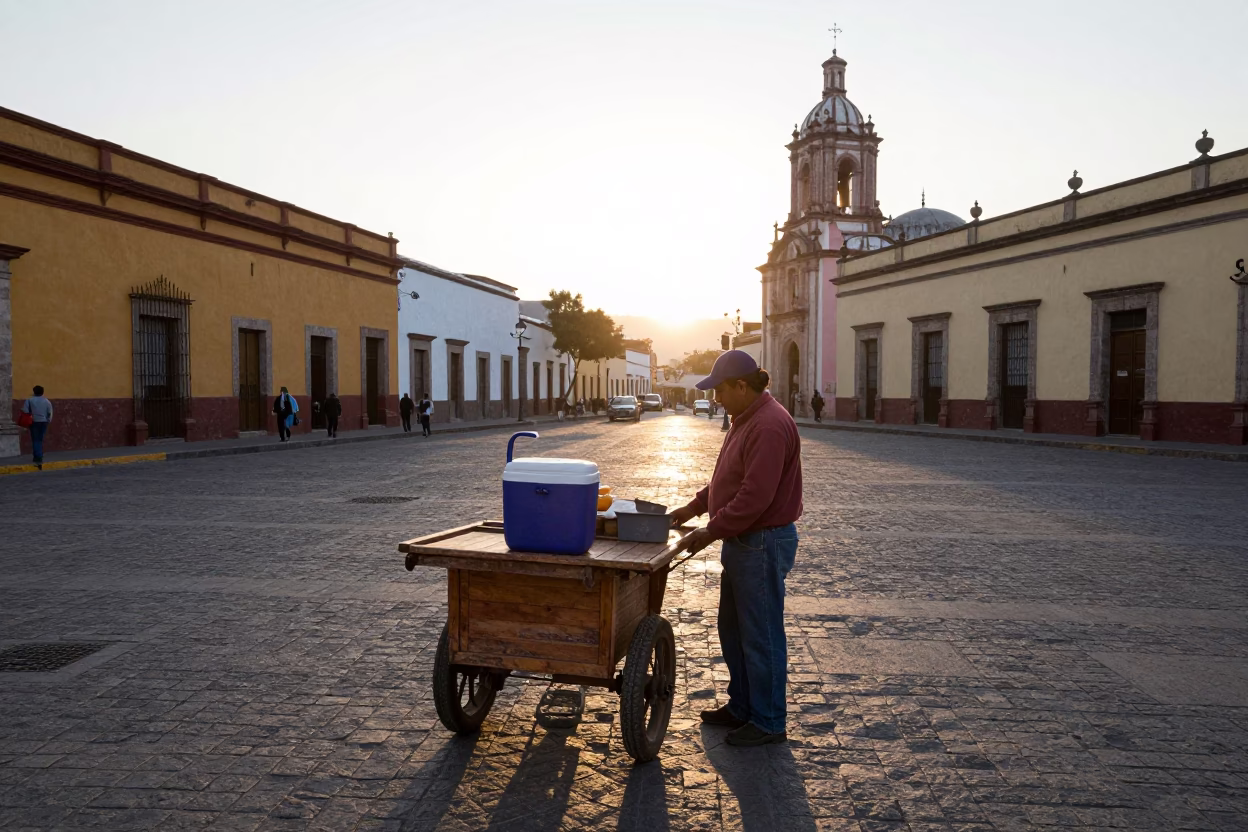 Oaxaca Mexico Street Scene After Sunrise with Cooler Jug and Local Commerce in in Oaxaca, Mexico