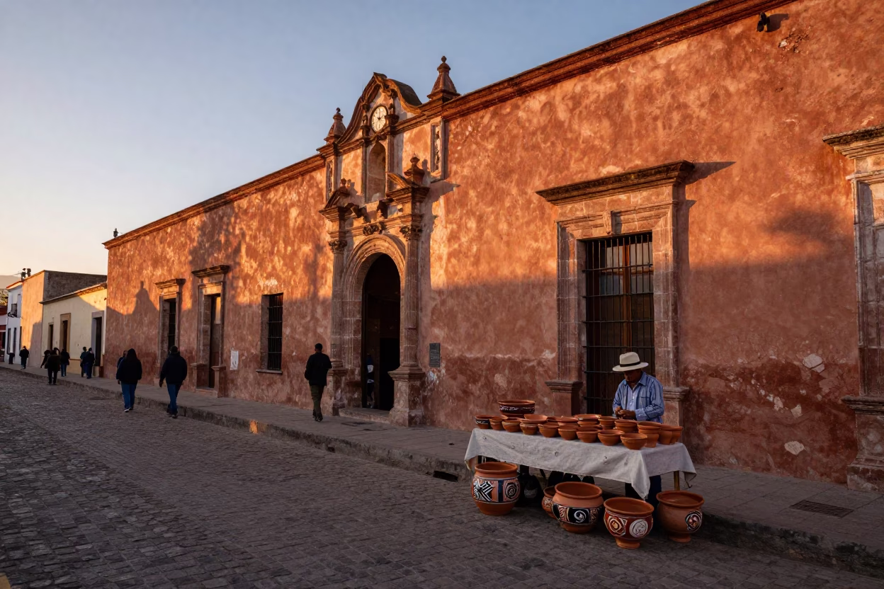 Oaxaca Mexico street scene at dusk with artisan pottery and traditional market goods in in Oaxaca, Mexico