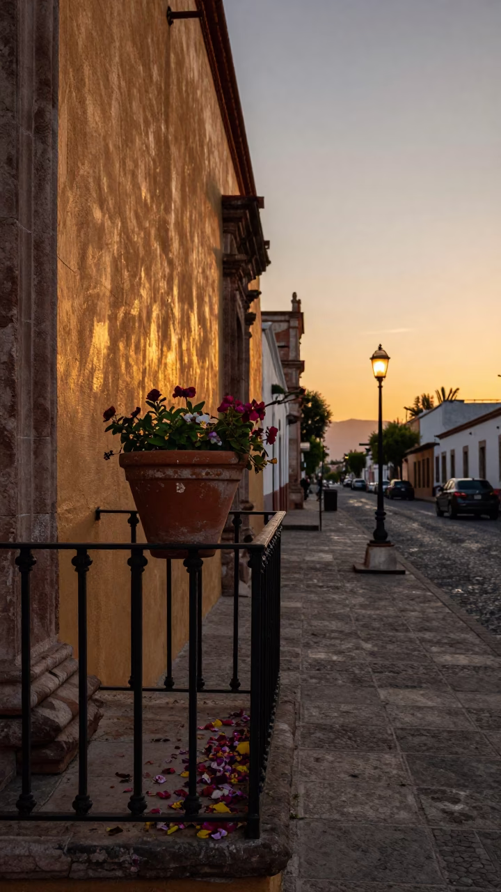 Oaxaca Mexico street scene at dusk with flowerpot and scattered petals on colonial balcony in in Oaxaca, Mexico