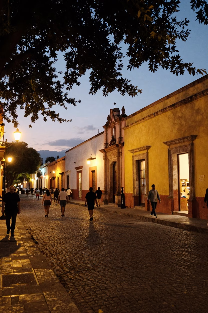 Oaxaca Mexico Street Scene at Dusk with Leaf Shadows and Market Activity in in Oaxaca, Mexico