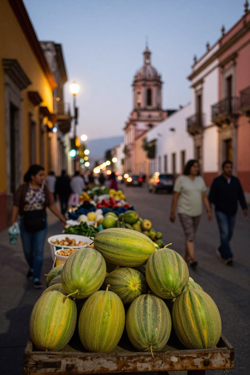 Oaxaca Mexico Street Scene at Dusk with Market Produce and City Lights in in Oaxaca, Mexico