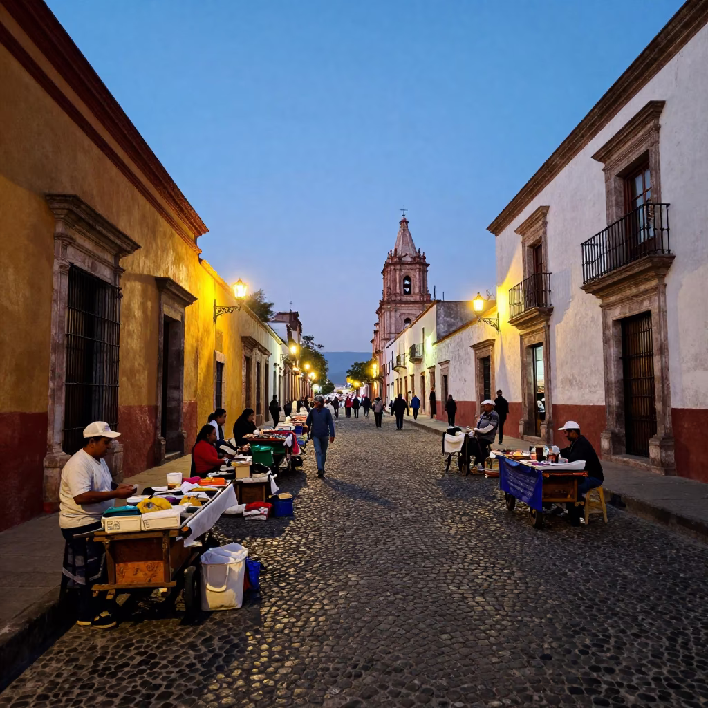 Oaxaca Mexico street scene at dusk with market vendors and evening city lights glowing in in Oaxaca, Mexico
